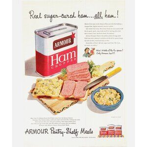 1950 Armour Chopped Ham Sandwich Vintage Print Ad Blue Fiestaware Bowl Wall Art